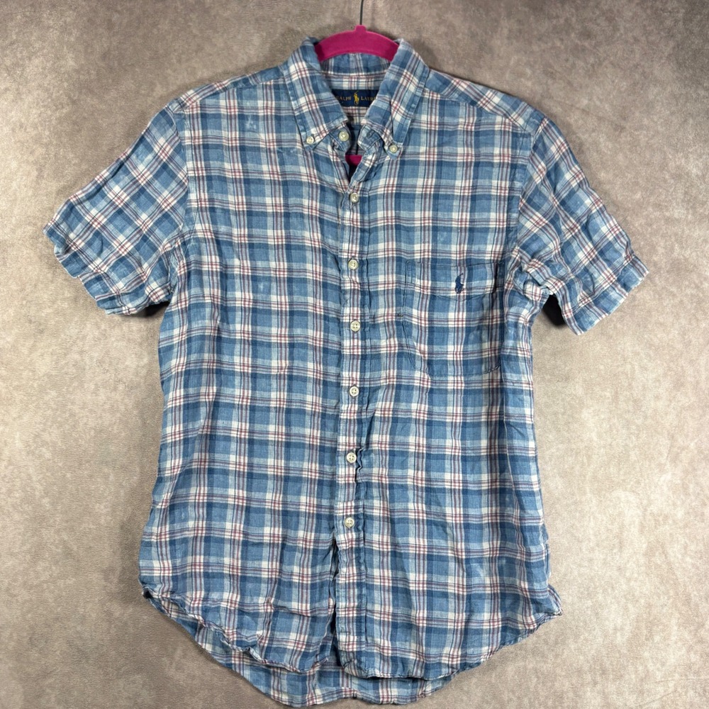 Ralph Lauren Polo Shirt Mens M Blue Plaid Button Down Short Sleeve Linen Preppy